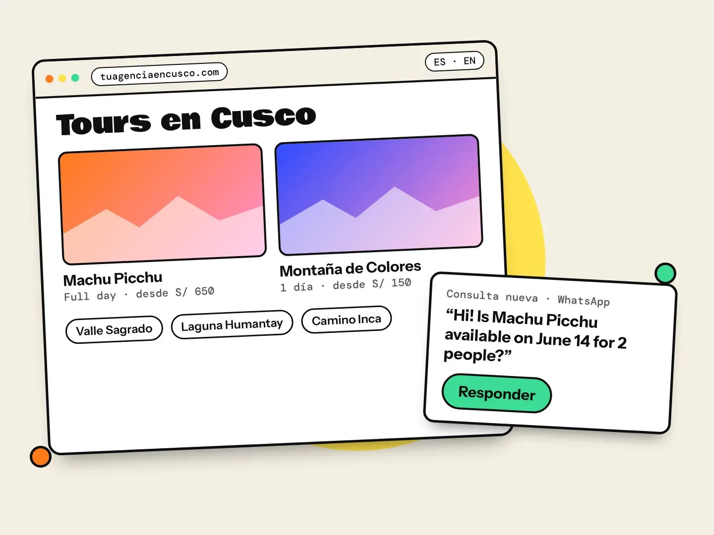 Página web para agencias de turismo en Cusco con tours a Machu Picchu y consultas por WhatsApp (ilustración)