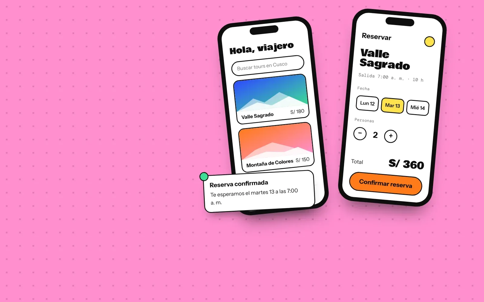 Desarrollo de aplicativos móviles en Cusco: app de reservas de tours en dos celulares (ilustración)