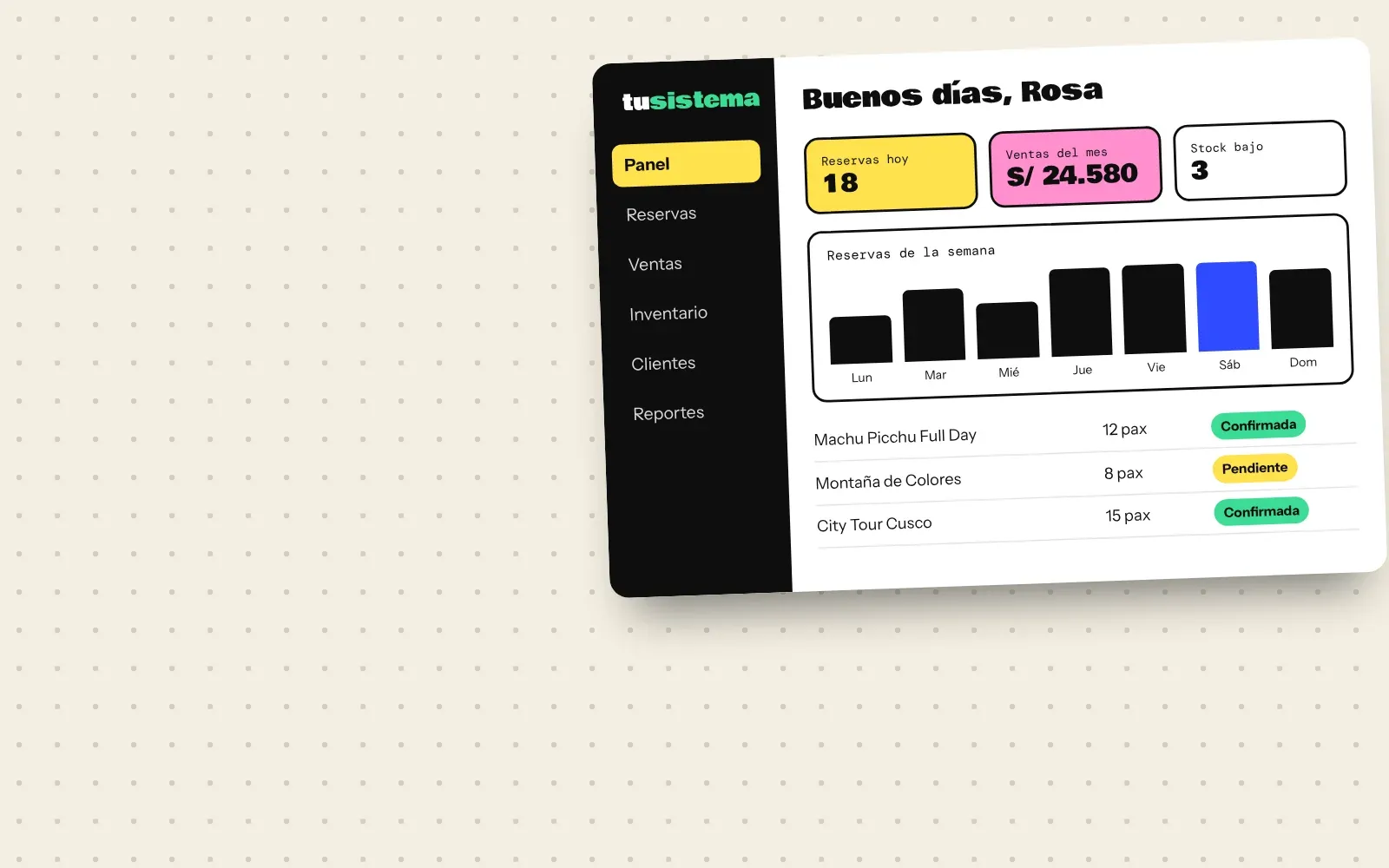 Sistemas a medida en Cusco: panel de gestión con reservas, ventas e inventario (ilustración)
